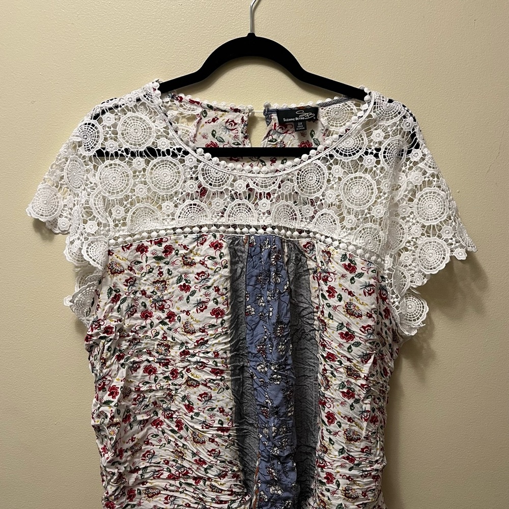 Suzanne Betro White and Blue Floral Lace Blouse